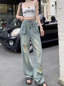 Loose Fit Distressed Pocket Denim Jeans For Women, New Design Straight Leg Wide Leg Pants, Spring/Autumn - Blue - View 6