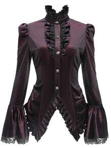 Devil fashion Gothic Style Burgundy Glossy Textured Lace Ruffle Collar Petal Sleeve Tie-Waist Blouse, Suitable For Dark Theme Events - Burgundy - View 14