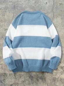 Casual Loose Fit Striped Round Neck Long Sleeve Knit Pullover Sweater, Unisex Style, Spring/Autumn/Winter - Baby Blue - View 3