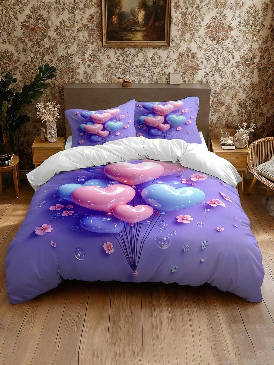 2/3pcs Elegant Purple Heart Bedding Set, Digital Printed Soft & Comfortable, Suitable For Bedroom, Guest Room, Dorm, Hotel - Multicolor - View 1