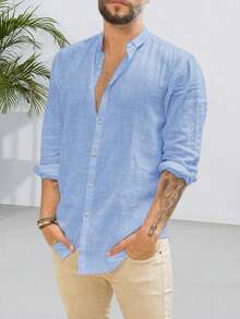 Runcati Men Linen Shirt Button Down Long Sleeve Cotton Beach Band Collar Casual Summer Shirts - màu xanh da trời - Xem 1