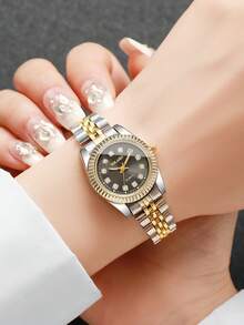 1pc Women's Fashion Casual Rhinestone Decorated Small Dial Quartz Wrist Watch With Steel Band, Minimalist Style (1pc/Set, Watch Box Not Included) - Black - View 2