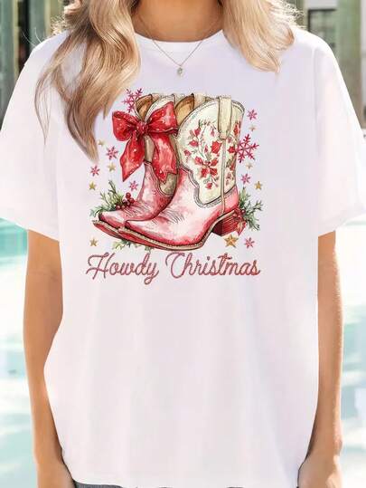 100% Cotton Women's "Howdy Christmas" Graphic T-Shirt - Festive Cowboy Boot Design With Red Bow, Snowflakes & Stars, Short Sleeve Crew Neck Casual Top For Spring & Summer, Spring Casual Wear | Holidaythemed Apparel | Vibrant Graphic Print