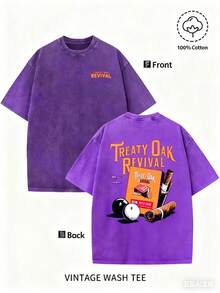 Men'S Bold "TREATY OAK REVIVAL" Print T-Shirt, Casual Round Neck Short Sleeve, 230g Washed Cotton, Summer High Quality Casual Sportswear, Comfortable And Breathable, Machine WashableNew Unisex T-Shirt - 紫色 - 查看 12