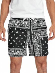 Men's Boho Paisley Print Drawstring Waist Summer Shorts With Pocket - Black & White Paisley - View 11