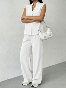 A&DD MODA,REF:Y287 - Women's Solid Color Two-Piece Set, Consisting Of A Sleeveless Vest And Loose-Fitting Trousers, With Upper Body Pockets And Elastic Waistband, Suitable For Daily Outings - White - View 3