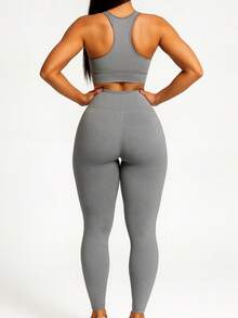 Set Of 3 High-Waisted Leggings With No Transparency - 1藏青色+1酒紅+1灰色 - 查看 10