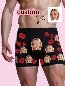 1pc Men's Custom Photo & Red Lips Print Black Elastic Comfortable Romantic Personalized Boxer Briefs, Suitable For Valentine's Day/Gift Occasions - Multicolor - View 3