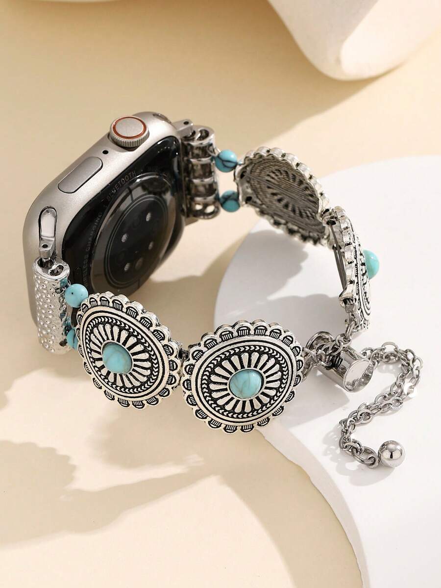 1pc Bohemian Style Turquoise Beaded Elastic Watchband, Compatible With Apple Watch 38/40/41/42/44/45/46/49mm, Vintage Silver Smartwatch Band Compatible With Series Ultra/SE/10/9/8/7/6/5/4/3/2/1, Unisex Casual Vacation Daily Accessory Strap - Silver - View 1