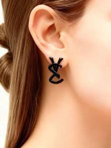 1对时尚简约几何亮黑色耳钉 - 耶 - 查看 1