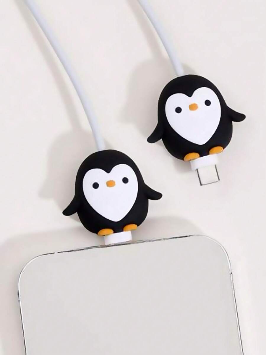 2pcs Cartoon Silicone Cable Protector, Penguin Design, Data Cable Saver For Apple Phone, Cute Gift - Black - View 1