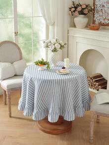 1pc Japanese Style Solid Color Rattan Lotus Edge Round Tablecloth, Woven Fabric, Suitable For Small Gardens, Outdoor Cafes, Kitchens, Bedrooms, All-Season Dining Table Decor - Yarn-dyed Rice Stripe Ruffles - View 13
