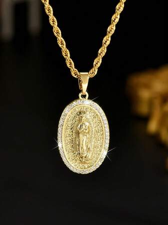 1pc Vintage Metal 18K Gold Plated Stainless Steel Necklace + Luxury Fully Paved Oval Virgin Mary Pendant, Unisex Hiphop Style Stainless Steel Gold Plated Rhinestone Necklace, Versatile Virgin Mary Pendant Necklace, Suitable As Gift For Friends
