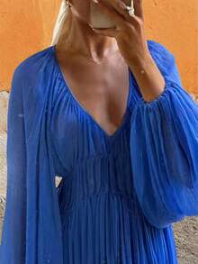 2026 New French Bohemian Chiffon V-Neck Long Sleeve Pleated Maxi Dress - Elegant High Waist Autumn Party Dress, Spring/Autumn New Arrival, Women's Spring/Summer New Item, Women's Retro Outfit, French Elegance, Valentine's Day, Women's Christmas Dress, New Year Outfit, Women's Elegant Maxi Dress, Casual Long Dress, Women's Blue Dress, Women's Beach Dress, Elegant Party Dress - Blue - View 5