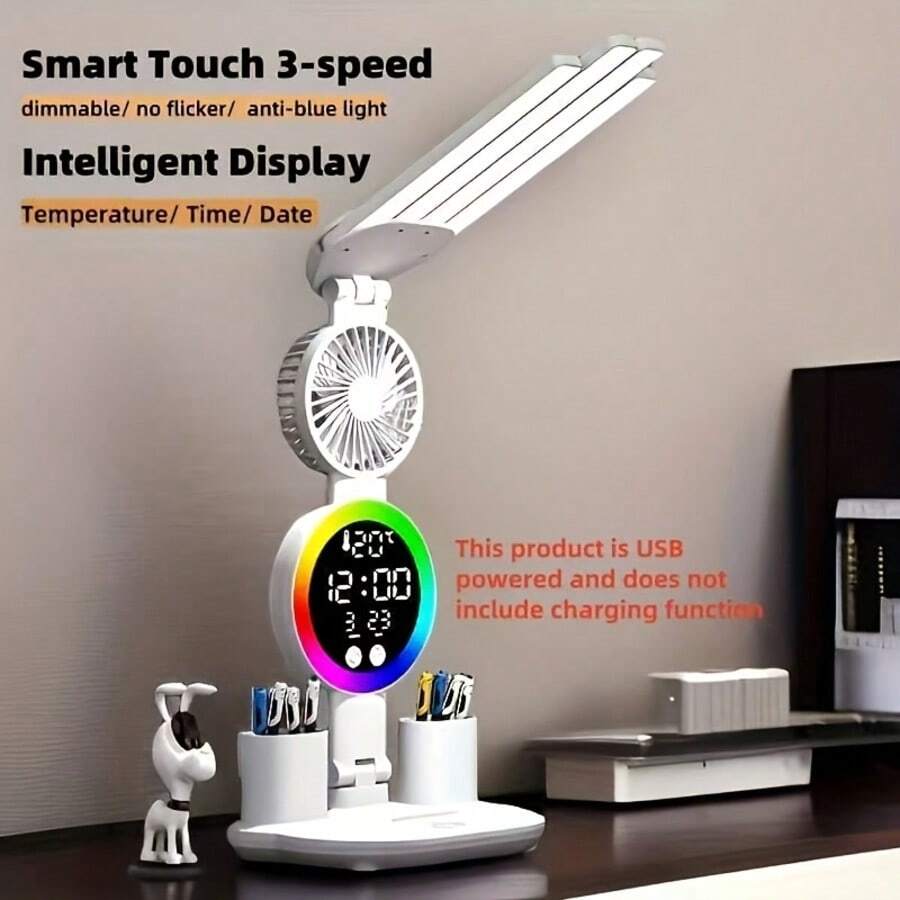 GHUSTAR Four-In-One LED Foldable Desk Lamp With Fan And Pen Holder, USB-Powered Multifunctional Reading Light, Touch Control, 3 Color Modes, Suitable For Home Office And Dormitory Study