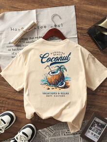 Summer New Casual Coconut Print Round Neck Short Sleeve T-Shirt, Fashionable & Versatile Women's Top - Apricot - View 2