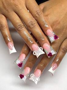 24pcs Y2K Long Coffin Nail Stickers To Elevate Your Look! White, Adorned With 3D Faux Pearl Bow And Floral Crystal Decor, French Manicure Stickers With Excellent Fit. Set Includes: 1pc Jelly Gel And 1pc Nail File. Duck Tip French Nails, Suitable For Women And Girls To DIY For Daily, Holiday Party, Etc.