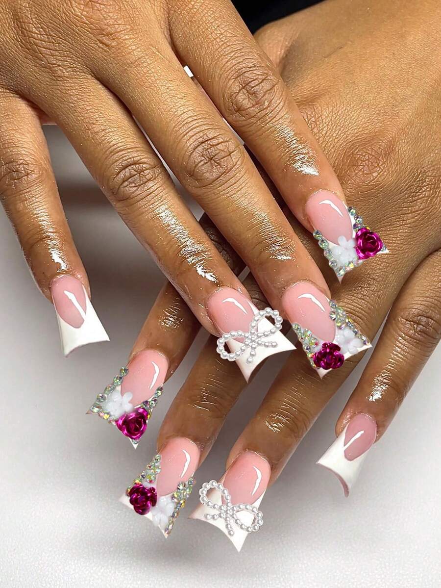 24pcs Y2K Long Coffin Nail Stickers To Elevate Your Look! White, Adorned With 3D Faux Pearl Bow And Floral Crystal Decor, French Manicure Stickers With Excellent Fit. Set Includes: 1pc Jelly Gel And 1pc Nail File. Duck Tip French Nails, Suitable For Women And Girls To DIY For Daily, Holiday Party, Etc.