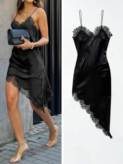 Vestido de satén con abertura lateral, asimétrico, de encaje y parches, con un solo hombro, sexy, adecuado para citas diarias, festivales de música, fiestas, vacaciones, atuendos de playa y mar