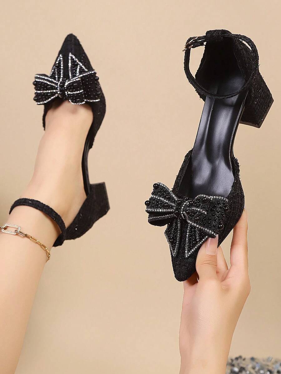 2025 New Basic Bow Rhinestone Decor Black High Heel Pumps, Pointed Toe Sexy Stilettos For Dresses, Autumn/Winter,Chunky Heels - Black - View 1