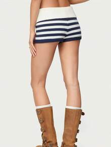 Women's Fold Over Waist Knitted Shorts Y2k Low Waist Striped Print Color Block Slim Fit Hot Pants Party Clubwear Going Out Sweater Shorts Loungewear Bottoms Stretchy Yoga Shorts Summer Casual Active Jogger Sweatshorts - 藏蓝色 - 查看 9