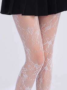 1pc French Retro Rose Floral Lace Jacquard Fishnet Stockings, Fashionable Sexy Elegant Women Fatale Style, Suitable For Festivals, Parties, Galas - White - View 6