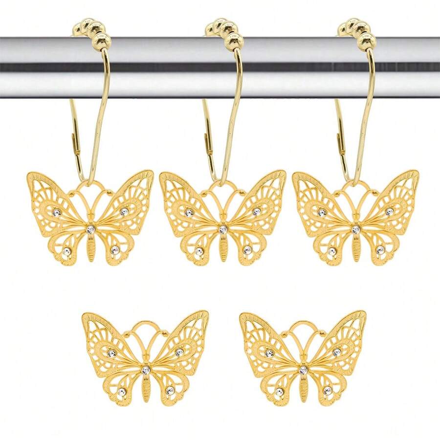 12 ganchos decorativos de mariposa hueca, diseño hueco dorado de alta gama y generoso, material de hierro resistente y duradero, impermeable, resistente a la oxidación, adecuado para baño, cocina y otros escenarios, regalo del Día de San Valentín, recomendado para el Ramadán, esenciales de primavera/verano - Dorado - Ver 1