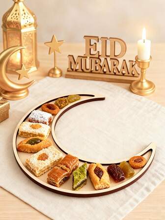 1Pc Crescent Moon Shaped Wooden Tray,Eid Food Tray,Crescent Moon Table Ornament,DIY Ramadan Tableware, Eid Mubarak Decorations,Fruits Desserts Cake Tray,Candy Dish Pallet,Ramadan Decorations For Home,Islam Advent Day Celebrations,Ramadan Kareem,Kitchen Dining Table Decoration, Islam Muslim Event Party Supplies,Eid Al Adha Gifts,Table Centerpiece Decoration,Ramadan Decor