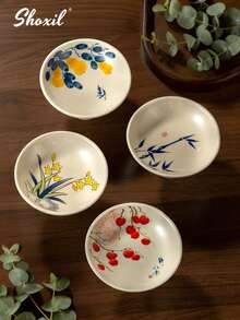 shoxil 1件高脚陶瓷碗，甜点盘，椰枣托盘，水果盘，兰花/柿子/竹叶图案，东亚文化风格，适用于家庭、餐厅聚会