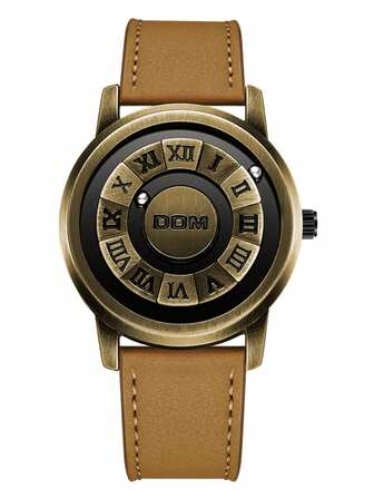 DOM 1pc Men's Vintage Style Bronze-Tone Dial Quartz Waterproof Watch, Unique New Technology Magnetic Levitation Wristwatch With Leather Strap And Steel Band
