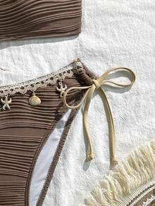 Solid Color Backless Tie-Up Bohemian Beach Bikini Set Vacation Summer - Khaki - View 4