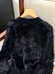 Stylish Fur Trim Rhinestone Embellished Cardigan, Suitable For Autumn/Winter Black - Black - View 7