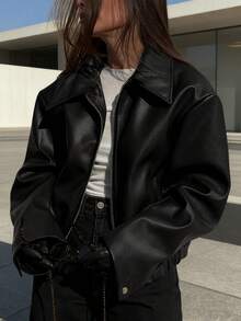 Black Edgy Biker Casual Loose Long Sleeve Leather Jacket For Women, Autumn/Winter Fall Cloth For Women  Women'S Motorcycle Style Faux Leather Jacket - Loose Fit, Zip-Up With Button Details, Beige Casual Streetwear Coat For Winter & Fall, Motorcycle Riding Gear  Jacket  Jackets For Women  Cardigan  Define Jacket  Sports Jacket  Ski Clothes Women  Zip Up Jackets  Fitted Jacket  Winter Coat For Women  Abrigos De Invierno Para Mujer  Buscar  Christmas Outfit Women  Winter Clothes For Women  Vestido De Mujer  Conjuntos Elegantes De Mujer  Conjuntos Elegantes  Winter Clothes For Women  Christmas Outfit Women  New Years Outfit Women  Vacation Outfits Women  Ropa De Invierno Mujer  Dresses For Women Elegant  Christmas Outfit - 黑色 - 查看 3