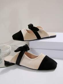 Women's Spring/Summer New French Patchwork Fashion Mary Jane Mule Slippers, Square Toe Versatile Slip-On Flat Sandals & Loafers - Black and White - View 6