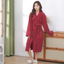 1pc Coral Fleece Bathrobe, Soft, Absorbent, Comfortable Robe For Bedroom, Bathroom, Pool, All Seasons - Grey - View 14