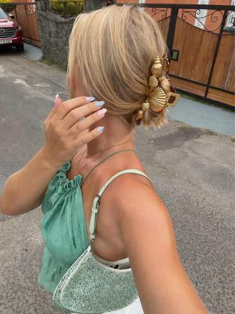 1 件时尚海滩夏季新款贝克海螺纹理条纹发夹女士优雅假日发饰发爪海洋元素发爪发夹发夹发夹发夹发夹发夹，爪夹