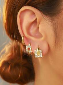 6 pezzi Set di orecchini eleganti con quadrifoglio e forma geometrica a C in zirconia cubica, accessori di gioielleria di moda, regali di lusso per donne, stili multipli, adatti per uso quotidiano, festival, appuntamenti, vacanze, regali