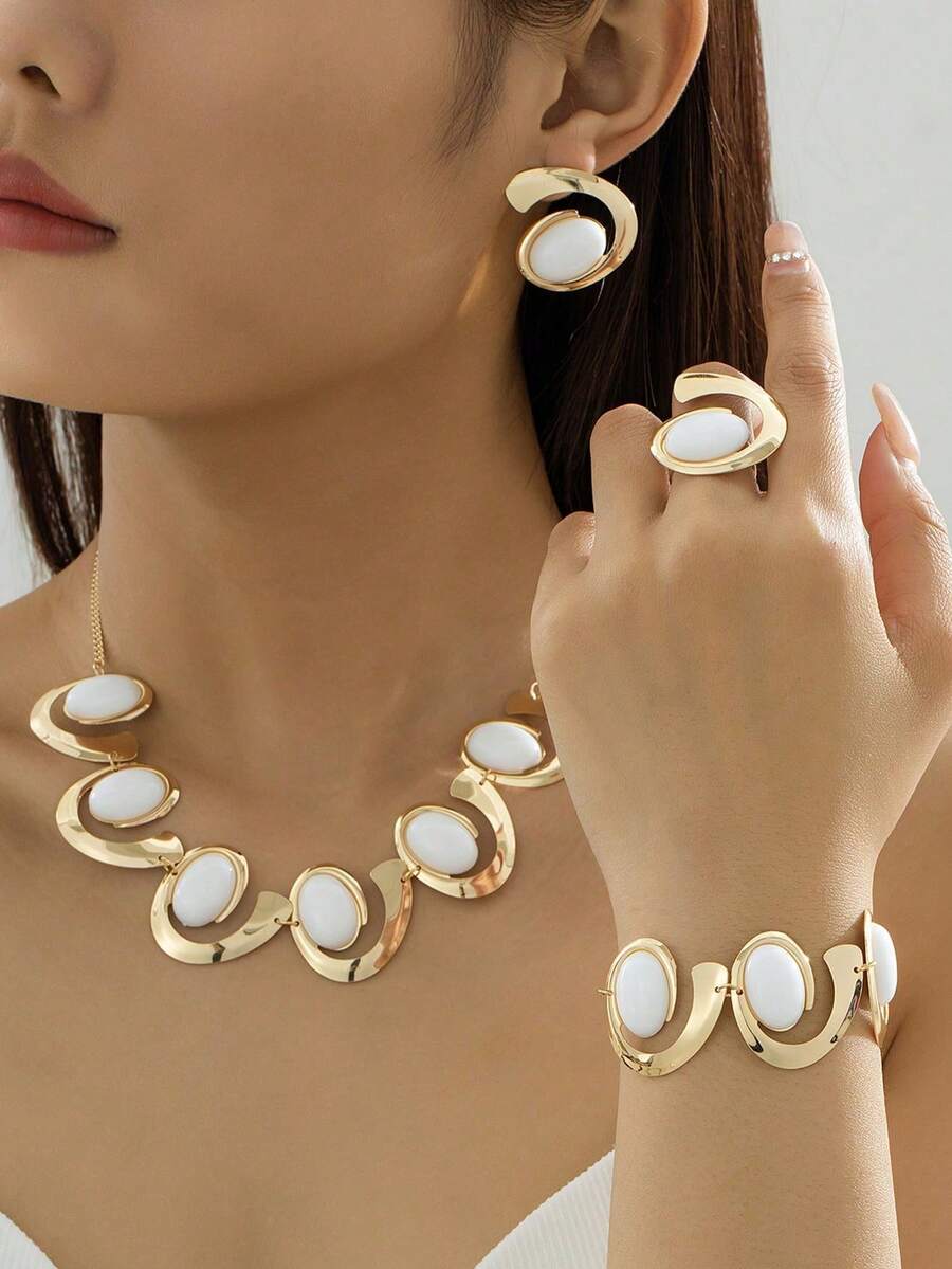 5件套珍珠镶嵌E形项链、手链、耳环、戒指，简约复古优雅时尚首饰套装，适合送礼、派对、宴会及日常佩戴 - 瓷白. - 查看 1