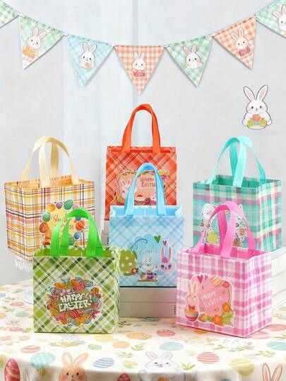 6个复活节快乐手提包，复活节兔子复活节彩蛋图案复活节礼品袋，复活节派对装饰用品，复活节家居装饰，春季装饰，复活节礼品包装用品，复活节礼物，复活节派对礼物，复活节节日装饰，复活节礼品袋填充物，复活节购物袋，复活节无纺布袋