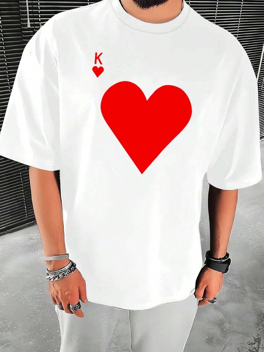 Maglietta grafica King Heart in cotone di prima qualità, vestibilità comoda, street hip-hop, traspirante - Bianco - Visualizzare 1