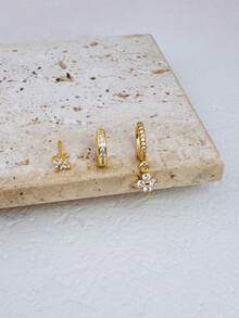 Bộ 3 khuyên tai hoa đá CZ cổ điển, khuyên tai vòng nhỏ mạ vàng 14K, khuyên tai xoắn ốc kiểu cổ điển, khuyên tai nhiều lớp, trang sức xỏ tai, quà tặng, chỉ đeo một bên tai. - Vàng - Xem 2