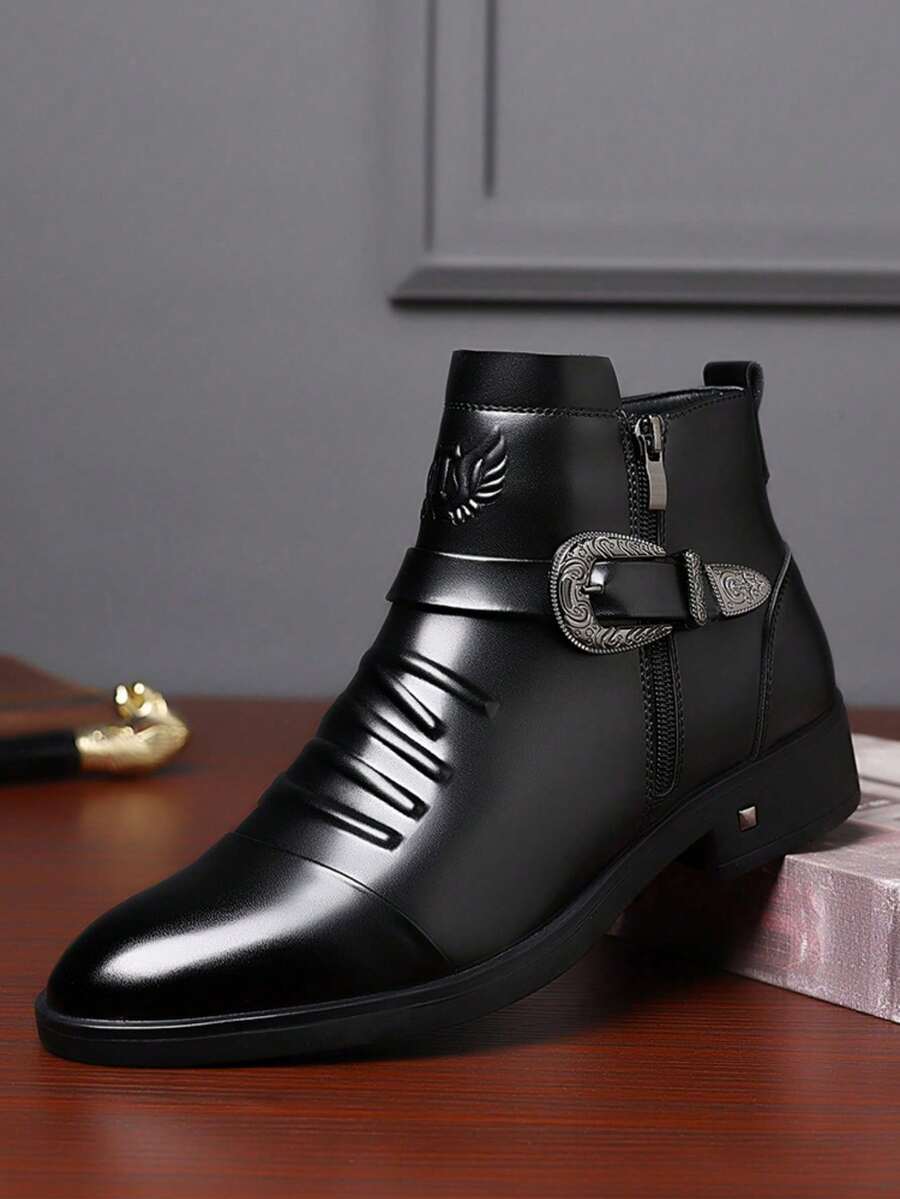 بوت رجالية أنيقة ذات أصابع مدببة للبس الرسمي مزودة بسحاب داخلي سهل الوصول، مزينة برمز جناح وحزام إبزيم أنيق، بوت مثالية للحفلات والمناسبات والأعمال - الأسود - مشاهدة 1