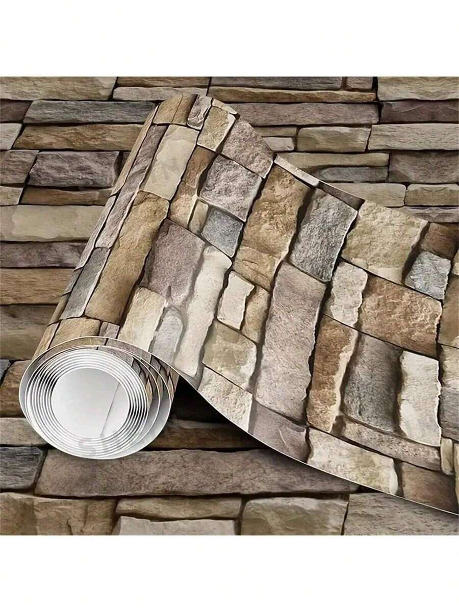 1 Roll Stone Wallpaper, Self-Adhesive Removable PVC Wallpaper, Peel And Stick, Suitable For Kitchen, Bedroom, Living Room, Countertop, Furniture, 17.71 In X 196.85 In - Army Green - View 1