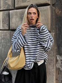 Womens Loose Tunic Tops Long Sleeve Round Neck Stripes Print T-Shirts Spring Fall Blouses - Negro - Ver 7