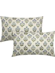 2pcs Vintage Floral Decorative Waist Pillow Covers, Bohemian Style Cushion Covers, Farmhouse Decor Gifts, Single-Sided Without Pillow Inserts - Blue and Green - View 8