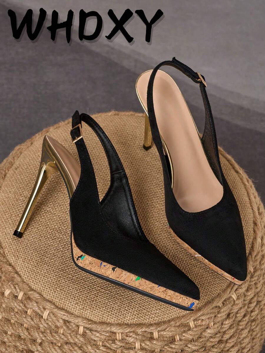 WHDXY Women's Black Open Toe High Heels, 10.5cm Gold Thin High Heel Design, Suitable For Evening Party Outfits - Black - View 1