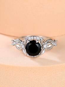 1 pièce Bague pour femme en zircone noire avec motif feuille et vigne, accessoire de mode pour soirée, cadeau d'anniversaire - Noir - Voir 2
