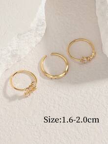 3pcs Set Luxury Vintage Exquisite Copper Zirconia Stone Rings, Adjustable Copper Fashion Jewelry For Women, Perfect For Daily Wear & Parties - Yellow Gold - View 6