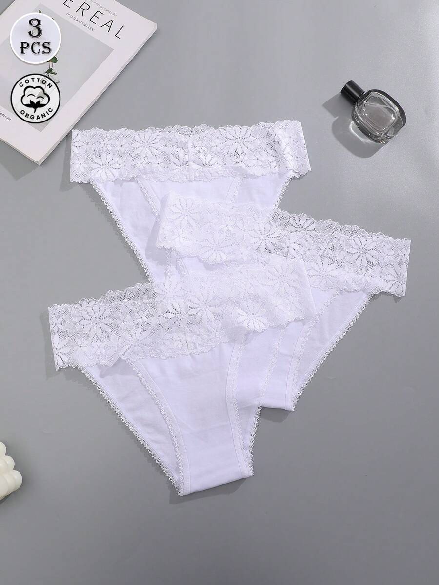 3pcs/Set Solid Color Lace Patchwork Seamless Sexy Women's Panties - White - View 1