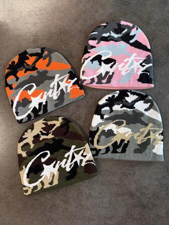 1pc Camouflage Letter Knit Beanie, Unisex Warm Winter Hat, Suitable For Casual, Streetwear, Couples, Students, Autumn/Winter